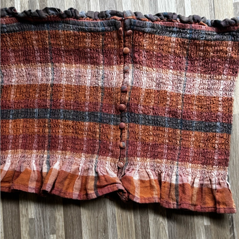 American eagle Rust Plaid Button-Front Smocked Tube Top xl
